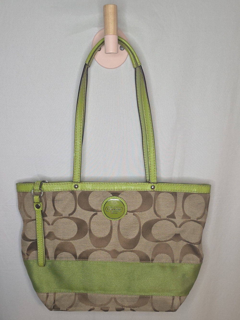 Coach Signature Canvas Tote in Khaki with Lime Green Trim